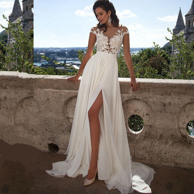 Bohemian wedding dress A word applique floor length chiffon bride dress custom side  elegant wedding dress