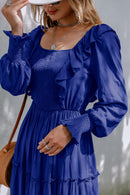 Smocked Square Neck Ruffle Trim Tiered Dress