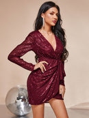 Sequined Puff Sleeve Ruffled Mini Wrap Dress