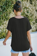 Decorative Button Curved Hem V-Neck Top