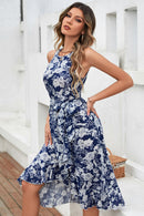 Floral Tie-Waist Ruffled Sleeveless Dress