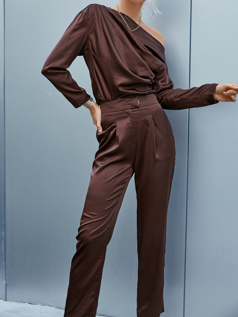 Ruched Asymmetrical Neck Top and Pants Set