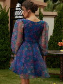 Floral Lace-Up Mesh Balloon Sleeve A-Line Dress