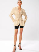 Smocked Waist Lapel Collar Blazer