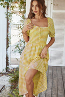 Plaid Cutout Square Neck Smocked Dress