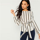 Elegant Striped Print Scoop Neck Long Sleeve Blouse