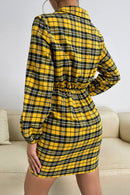 Plaid Tie Front Ruched Mini Shirt Dress