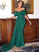 Gathered Detail Cascading Off-Shoulder Fishtail Dress