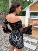 Off-Shoulder Flare Sleeve Mini Lace Dress