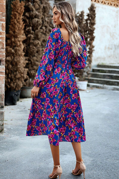 Printed Balloon Sleeve Pocketed Midi Dress