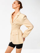 Smocked Waist Lapel Collar Blazer