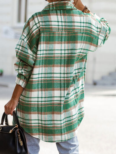 Pocketed Plaid Button Up Dropped Shoulder Shacket