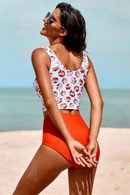 Orange Square Neck Sleeveless Fashion Print Tankini Set