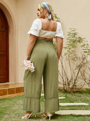 Plus Size Drawstring Detail Paperbag Wide Leg Pants