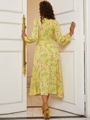 Floral Tie Waist Ruffled V-Neck Dress