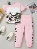 Girls Color Block Printed Cold-Shoulder Tee and Joggers Set