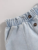 Girls Striped T-Shirt and Button Fly Denim Shorts