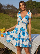Floral Tie Shoulder Smocked Waist V-Neck Dress
