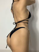 Sexy Metal Chain Strap Bikini Set Women Solid Black Cut Out Bandage Thong Swimsuit Brazilian Bathers Bathing Suit Swimwear