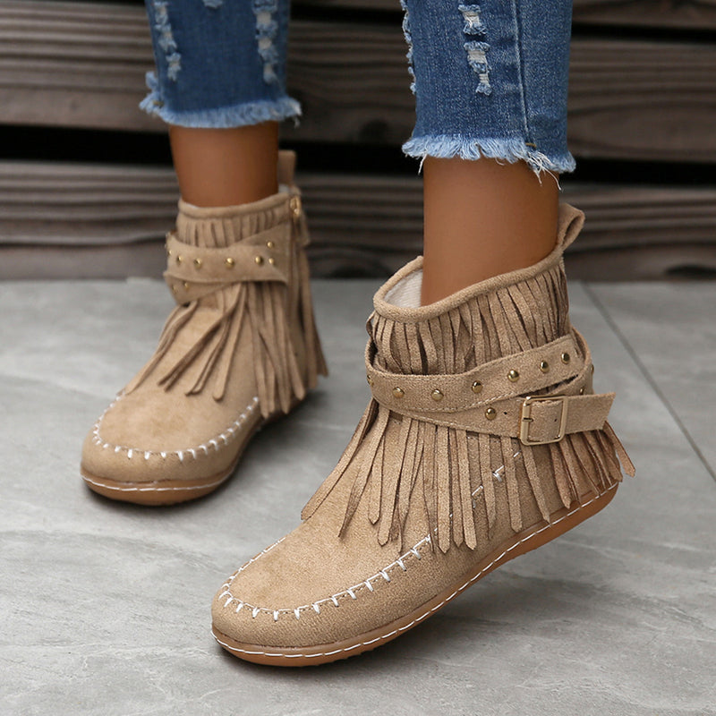 Studded Fringe Round Toe Boots