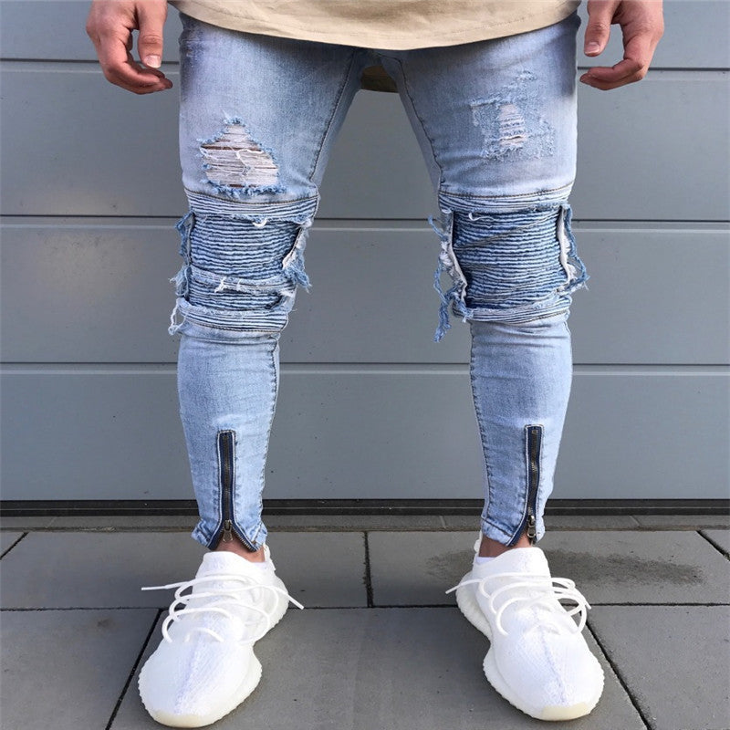Men's biker pants fashion knee fold Slim zipped ripped jeans