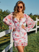 Floral Lace-Up Ruched Flounce Sleeve Dress