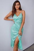 Sequined Spaghetti Strap Ruched Wrap Dress