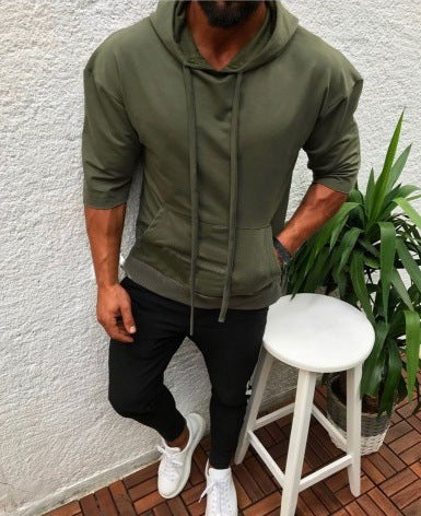 Men's hooded sports solid color half sleeve t-shirt