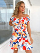 Printed Lace-Up Off-Shoulder Ruffle Hem Dress