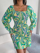 Abstract Print Square Neck Smocked Dress