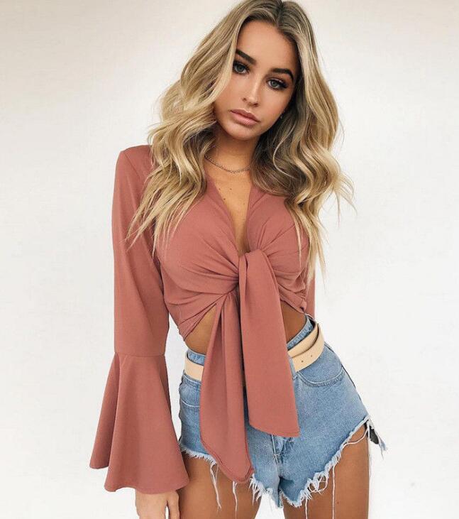 Casual Tank Blouse Flare Long Sleeve Crop Tops Bandage Tie Front Shirt