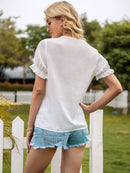 Flounce Cuff Lace Trim V-Neck Blouse