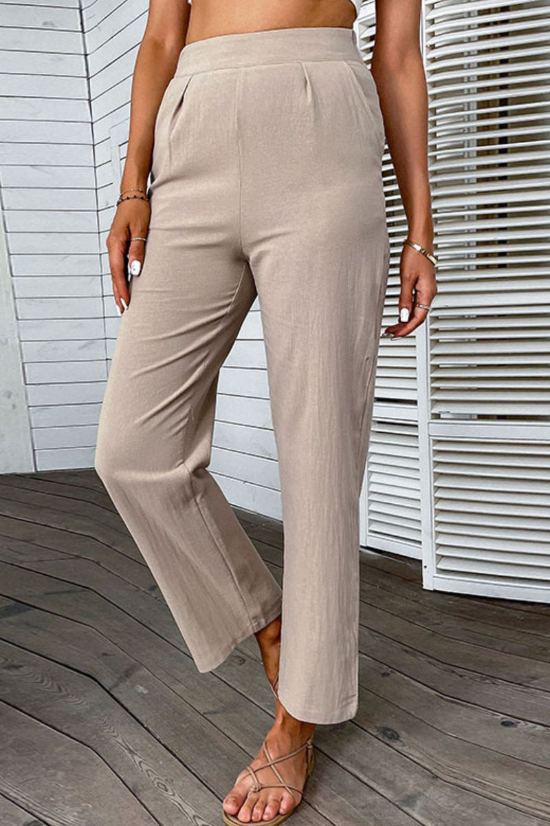 High Waist Pleated Detail Pants with Pockets