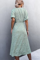 Printed Elastic Cuff Tie Waist Wrap Dress