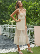 Tie-Shoulder Frill Trim Sweetheart Neck Midi Dress