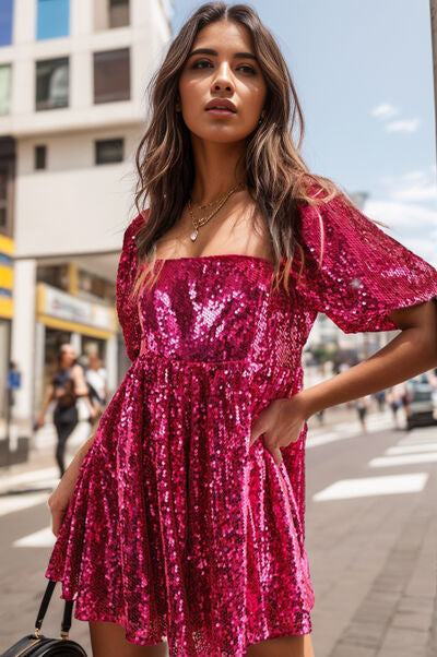 Sequin Square Neck Balloon Sleeve Romper