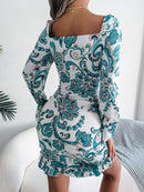 Printed Drawstring Ruffle Hem Dress