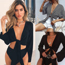 Casual Tank Blouse Flare Long Sleeve Crop Tops Bandage Tie Front Shirt