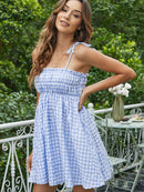 Gingham Tie-Shoulder Frill Trim Mini Dress