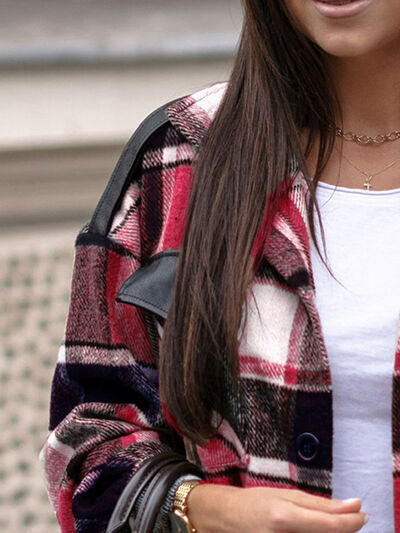 Pocketed Plaid Button Up Dropped Shoulder Shacket