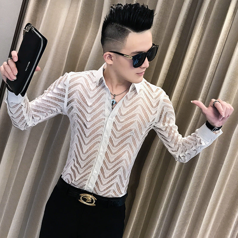 Sexy Transparent Lace Shirt Men 2020 Fashion See Through Clubwear