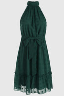 Swiss Dot Tie-Waist Tiered Sleeveless Dress