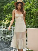 Tie-Shoulder Frill Trim Sweetheart Neck Midi Dress