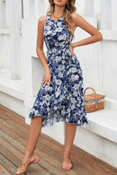Floral Tie-Waist Ruffled Sleeveless Dress