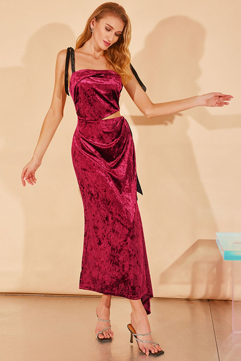 Two-Tone Tie-Shoulder Cutout Asymmetrical Velvet Dress
