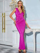 Ruched Deep V Sleeveless Maxi Fishtail Dress