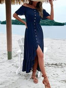 Off-Shoulder Decorative Button Ruffle Hem Dress