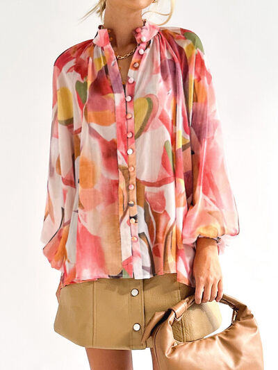 Printed Button Up Balloon Sleeve Shirt