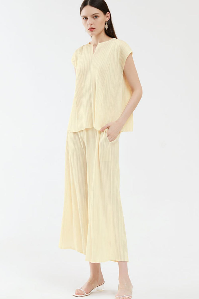Accordion Pleated Notched Neck Top and Cropped Wide Leg Pants Set