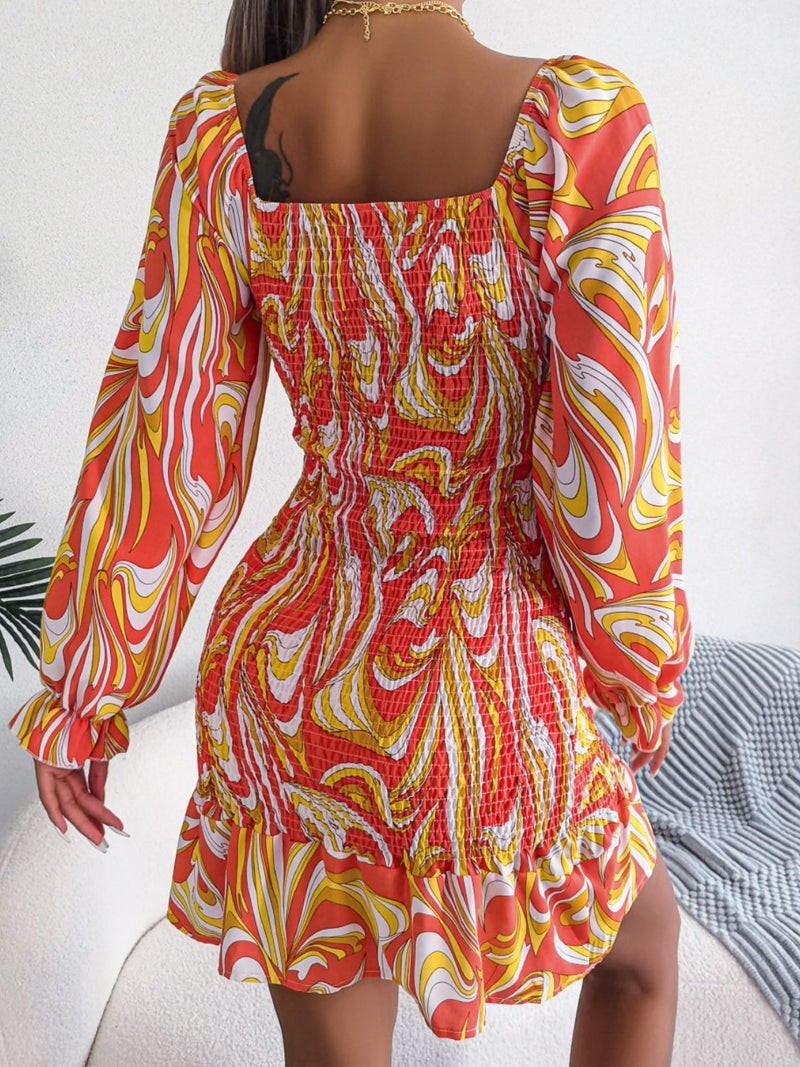 Abstract Print Square Neck Smocked Dress